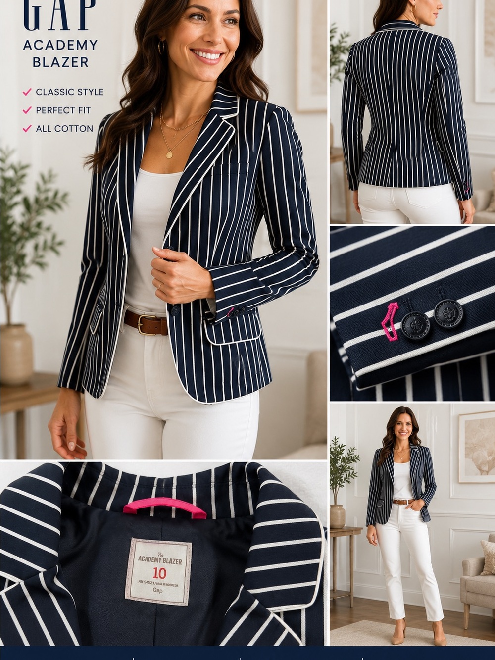 GAP Navy and White Pinstripe Blazer with Contrast Piping